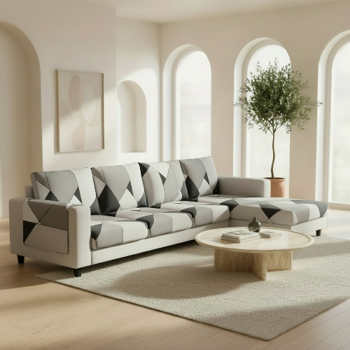 housse canapé d'angle avec motifs modernes dans les teintes de gris dans un salon contemporain