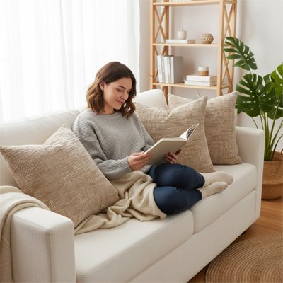 housse coussin dans les teintes de caramel autour d'une femme lisant un livre sur un sofa blanc