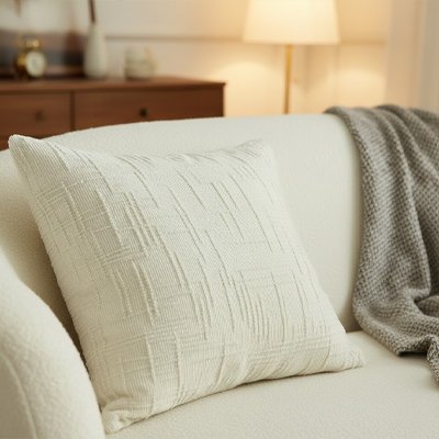 housse coussin dans les tons de crème texturé placé sur un sofa à côté d'une jeté vert pâle