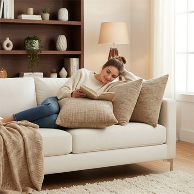 housse coussin de couleur camel sous une jeune femme faisant de la lecture sur un canapé