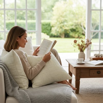 housse coussin de couleur crème utilisé par un femme assise confortablement sur un canapé
