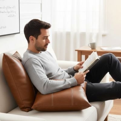 housse coussin en faux cuir de couleur cognac sous un jeune homme lisant un livre sur une causeuse