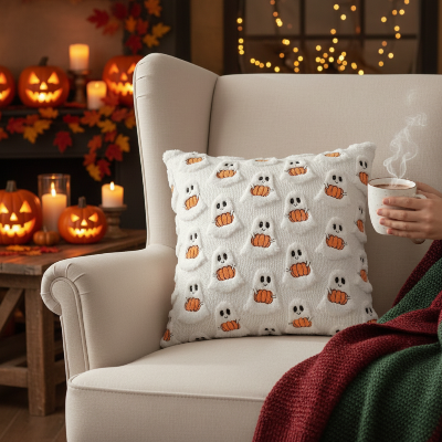 housses de coussin blanc avec des fantômes texturés sur un fauteuil dans un décor d'halloween
