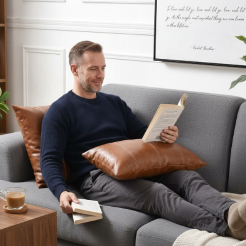 housse coussin style cuir dans les tons de cognac accompagné d'un homme allongé sur un canapé avec un livre