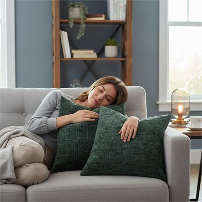housse coussin vert foncé sous la tête d'une femme qui se repose sur un divan gris
