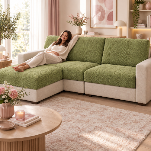 housse de canape d angle de couleur vert avec un tracé floral et une femme allongée qui relaxe