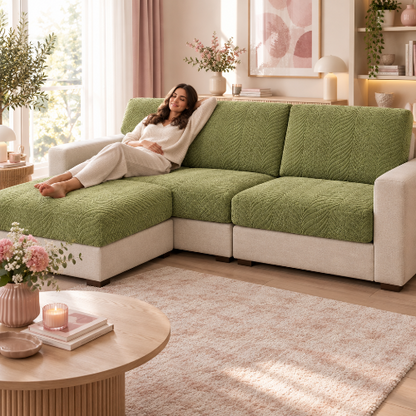 housse de canape d angle de couleur vert avec un tracé floral et une femme allongée qui relaxe