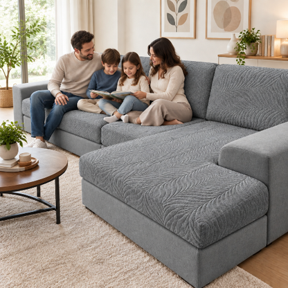 housse de canape d angle gris à motifs floraux avec une famille assise lisant un livre