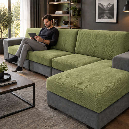 housse de canape d angle vert avec design floral avec un homme et sa tablette dans un salon masculin