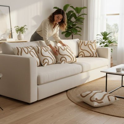 housse de coussin dans les tons de beige et café placé sur un canapé blanc par une femme debout 