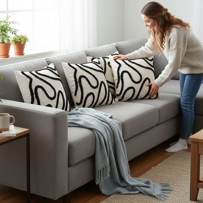 housse de coussin sur fond blanc avec lignes géométriques noires avec une jeune femme debout devant un canapé gris