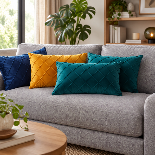 housses de coussins de forme rectangle de couleurs bleu, jaune et turquoise présentées sur un canapé gris