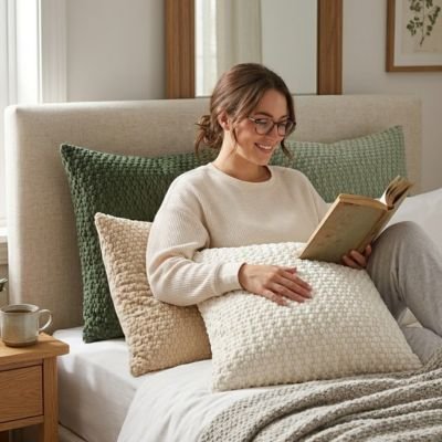 housses de coussin aux teintes de beige, crème et vert entourant une jeune femme dans un lit faisant de la lecture
