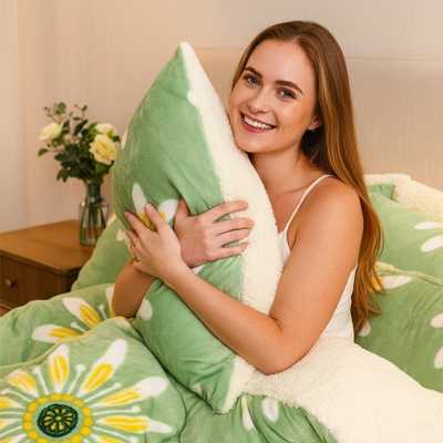 couverture polaire de couleur vert pâle et fleurie dans les mains d'une jeune femme souriante 