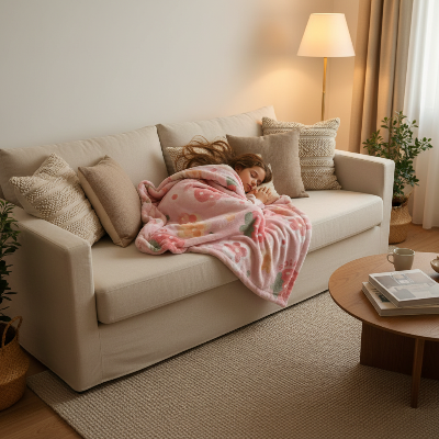 couverture enfant rose sur une jeune fille faisant une sieste sur un canapé