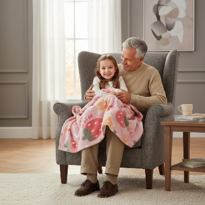 couverture enfant rose avec des fraises sur une jeune enfant assise sur les genoux de son grand-père qui est sur un fauteuil