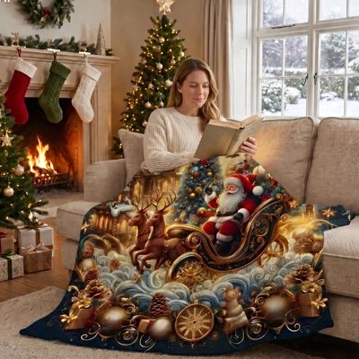 plaids et couvertures avec un motif de traîneau du père noël sur une femme lisant un livre