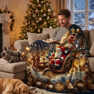 plaids et couvertures avec un père noël dans son traîneau recouvrant un homme sur un sofa