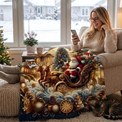 plaids et couvertures avec une scène du père noël recouvrant une jeune femme sur un fauteuil