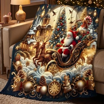 plaids et couvertures dans le thème de noël placé sur un canapé dans un salon