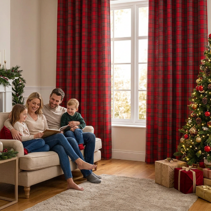 rideaux pour le salon rouge à carreaux dans un salon avec une famille sur le sofa