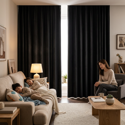 rideaux pour salon en tissu velours noir presque fermés avec une mère qui regarde ses enfants faire la sieste sur le sofa
