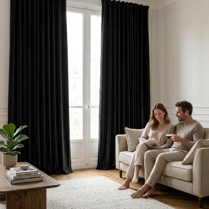 rideaux pour salon de couleur noir avec un couple souriant assis sur le canapé