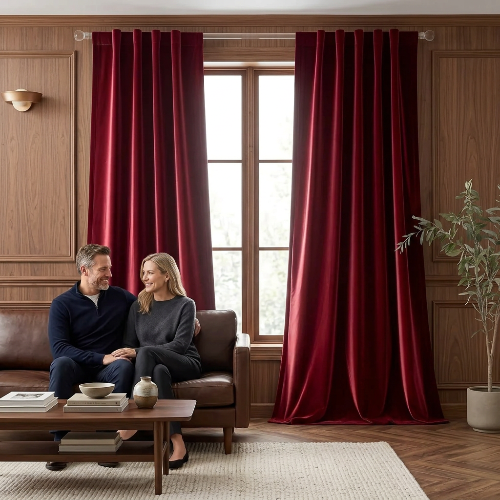 Rideaux pour salon dans la teinte bordeaux dans un salon avec boiseries et un couple sur un divan en cuir brun