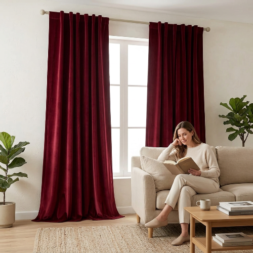 rideaux pour le salon velours bordeaux dans un salon assorti  avec une femme sur un canapé
