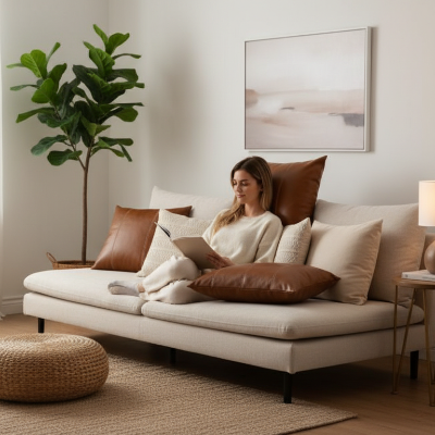 housse coussin en simili cuir de couleur cognac qui appuie une femme avec son livre sur un sofa