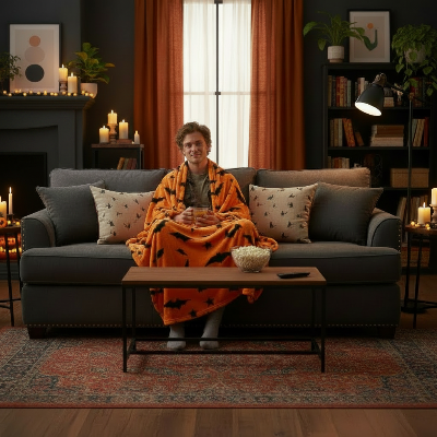 couverture orange avec des motifs de chauves-souris sur un jeune homme 